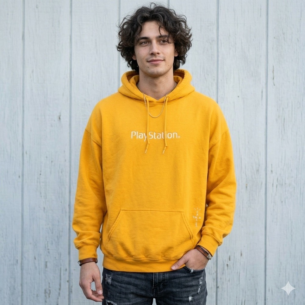 Travis Scott Cactus Jack PlayStation Hoodie Men XL Yellow Embroidered Streetwear